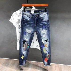Fashion Men Jeans Patches Embroidery Slim Fit